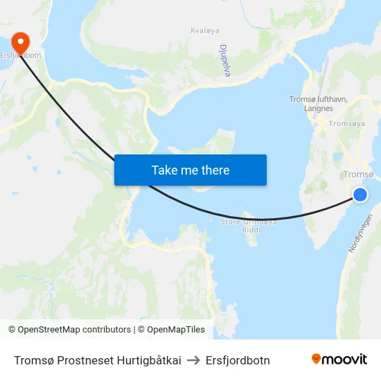 Tromsø Prostneset Hurtigbåtkai to Ersfjordbotn map