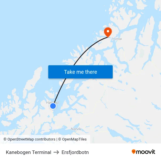Kanebogen Terminal to Ersfjordbotn map