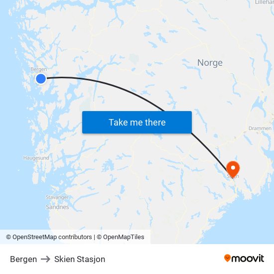Bergen to Skien Stasjon map