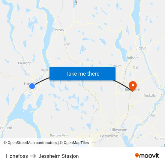 Hønefoss to Jessheim Stasjon map