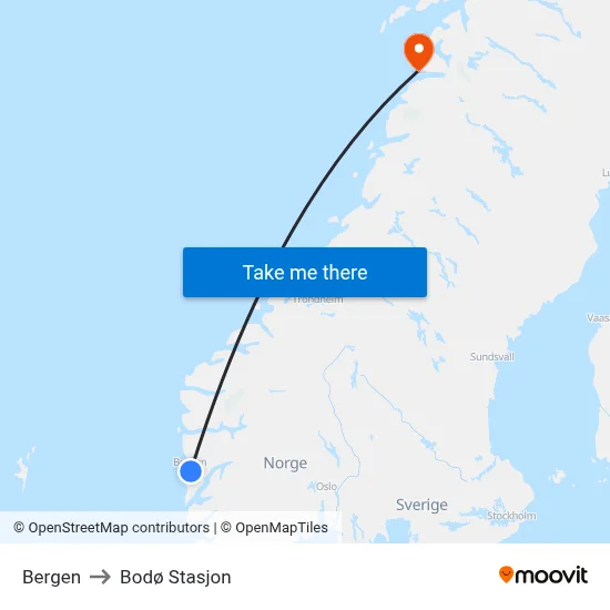 Bergen to Bodø Stasjon map