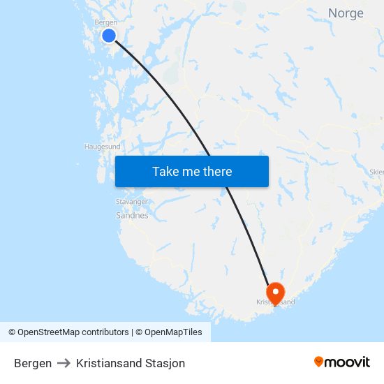 Bergen to Kristiansand Stasjon map