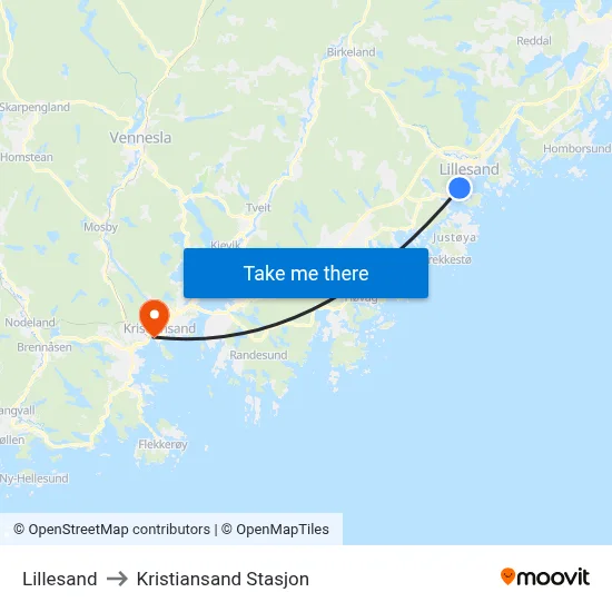 Lillesand to Kristiansand Stasjon map
