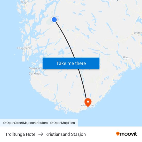 Trolltunga Hotel to Kristiansand Stasjon map