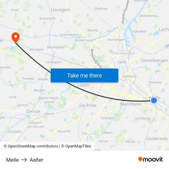 Melle to Aalter map