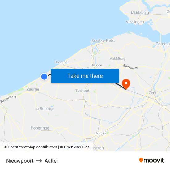 Nieuwpoort to Aalter map