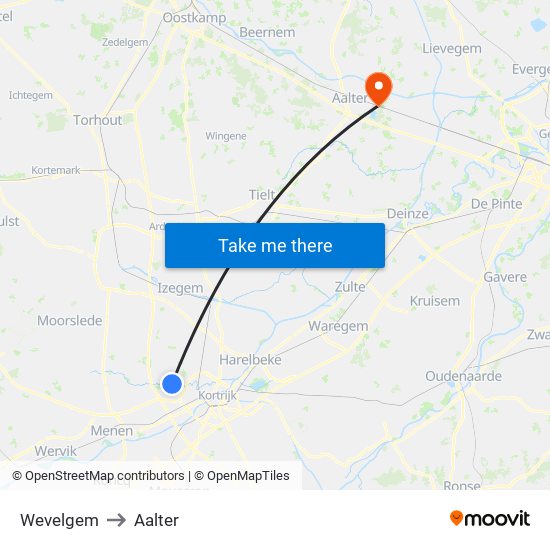 Wevelgem to Aalter map