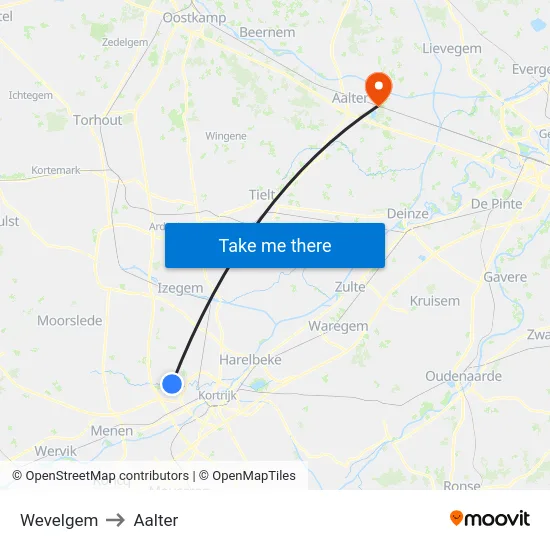 Wevelgem to Aalter map