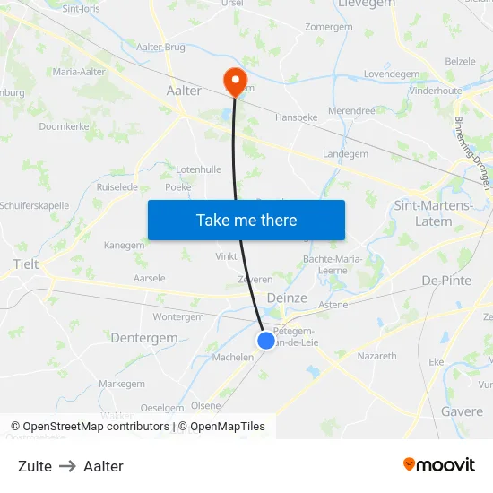 Zulte to Aalter map
