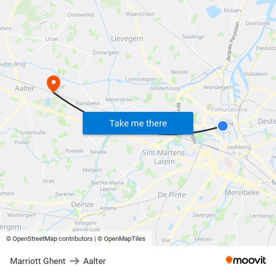 Marriott Ghent to Aalter map