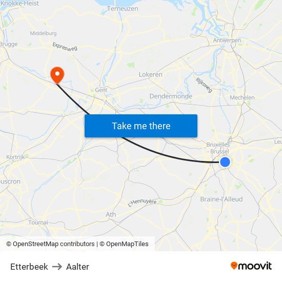 Etterbeek to Aalter map