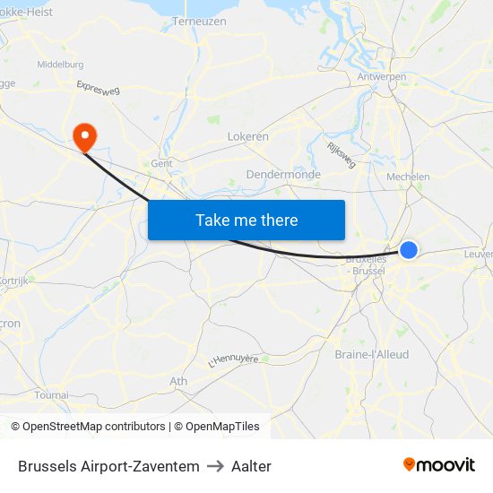 Brussels Airport-Zaventem to Aalter map