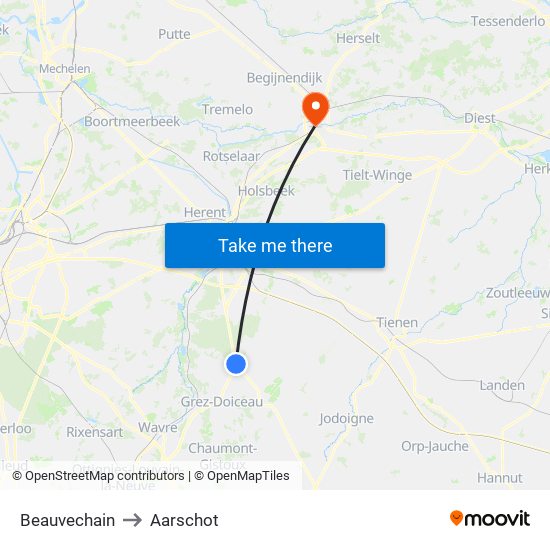 Beauvechain to Aarschot map