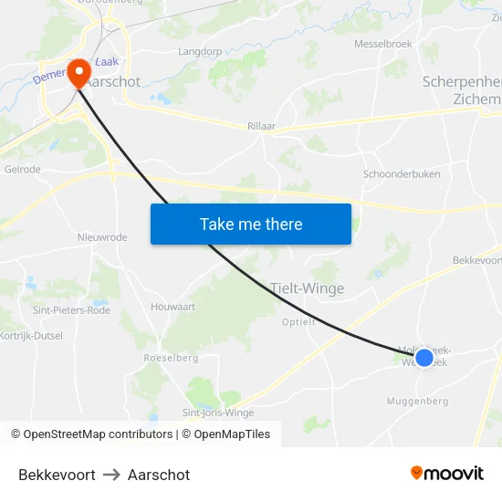 Bekkevoort to Aarschot map