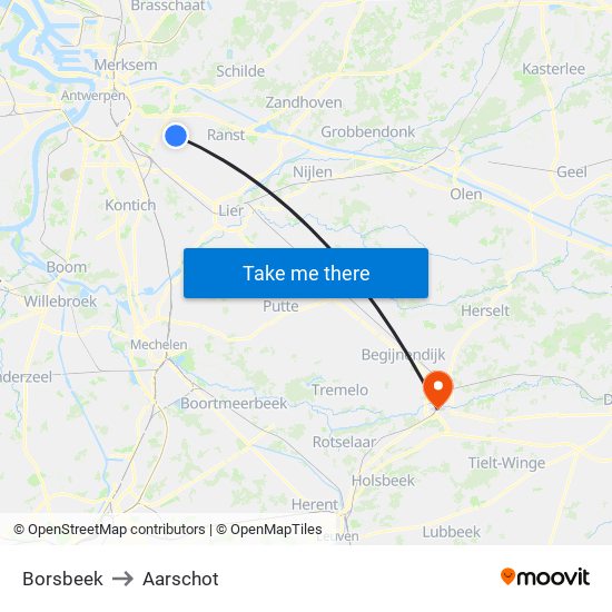 Borsbeek to Aarschot map