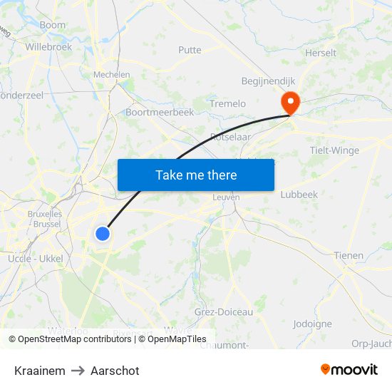 Kraainem to Aarschot map