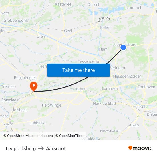 Leopoldsburg to Aarschot map