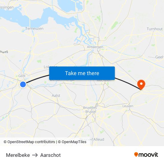 Merelbeke to Aarschot map