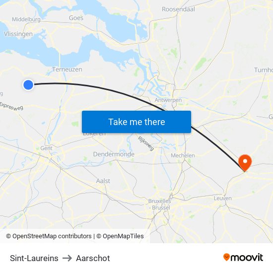 Sint-Laureins to Aarschot map