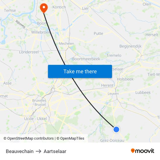 Beauvechain to Aartselaar map