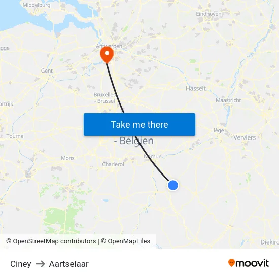 Ciney to Aartselaar map
