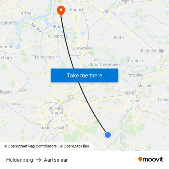 Huldenberg to Aartselaar map