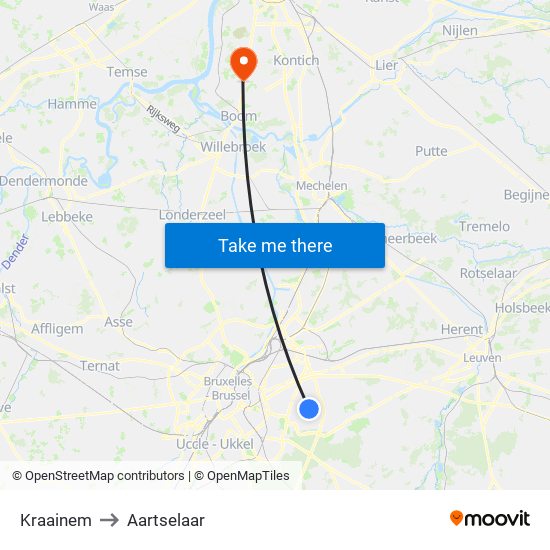 Kraainem to Aartselaar map