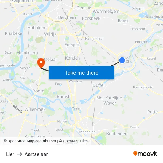 Lier to Aartselaar map