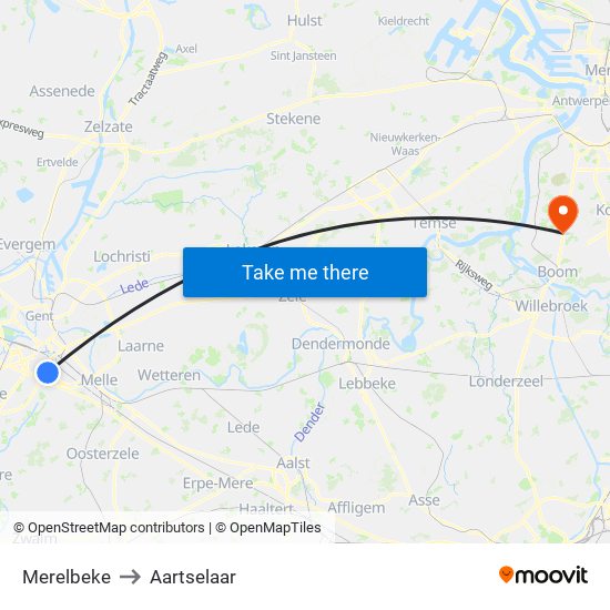 Merelbeke to Aartselaar map