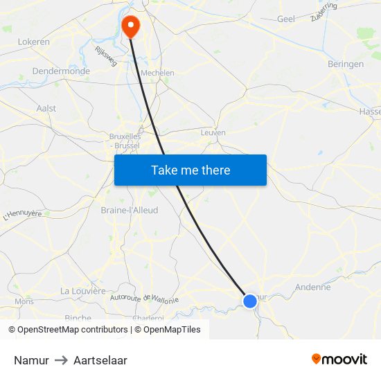 Namur to Aartselaar map
