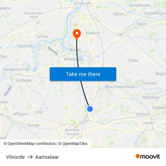 Vilvorde to Aartselaar map