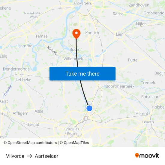 Vilvorde to Aartselaar map