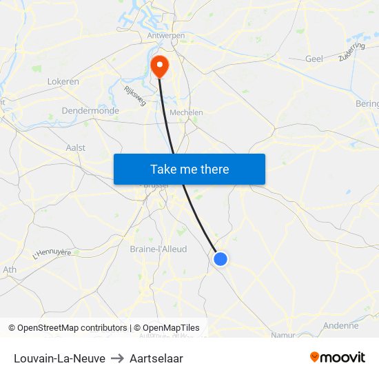 Louvain-La-Neuve to Aartselaar map