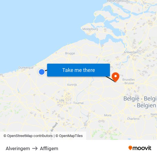 Alveringem to Affligem map