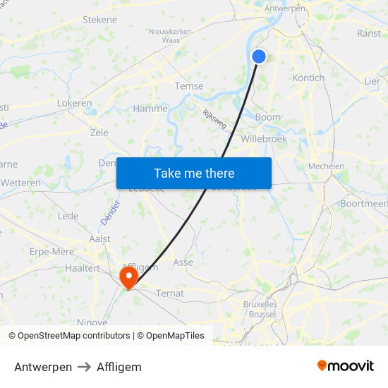Antwerpen to Affligem map