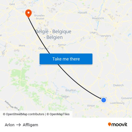 Arlon to Affligem map