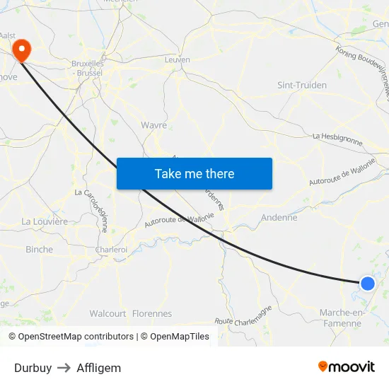 Durbuy to Affligem map