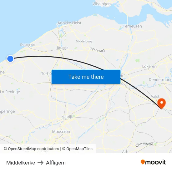 Middelkerke to Affligem map
