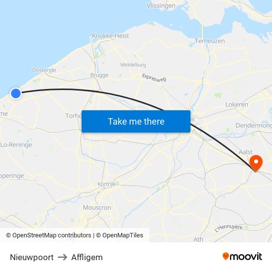 Nieuwpoort to Affligem map