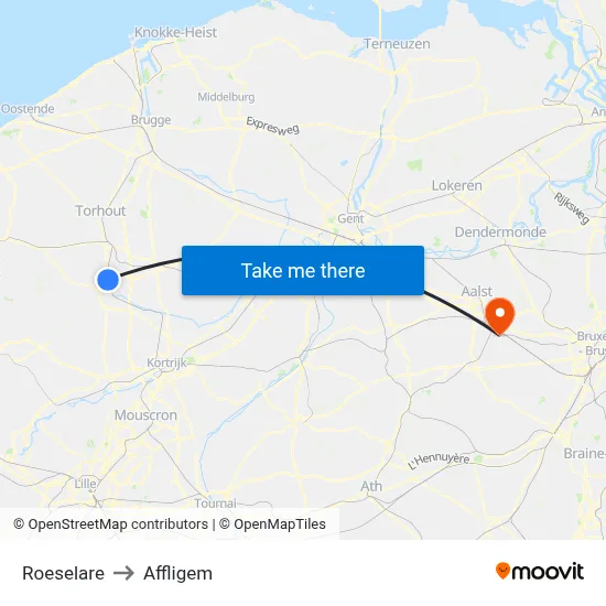 Roeselare to Affligem map