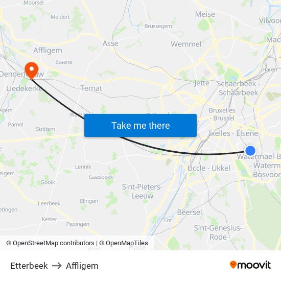 Etterbeek to Affligem map