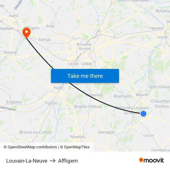 Louvain-La-Neuve to Affligem map