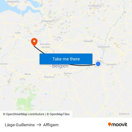 Liège-Guillemins to Affligem map