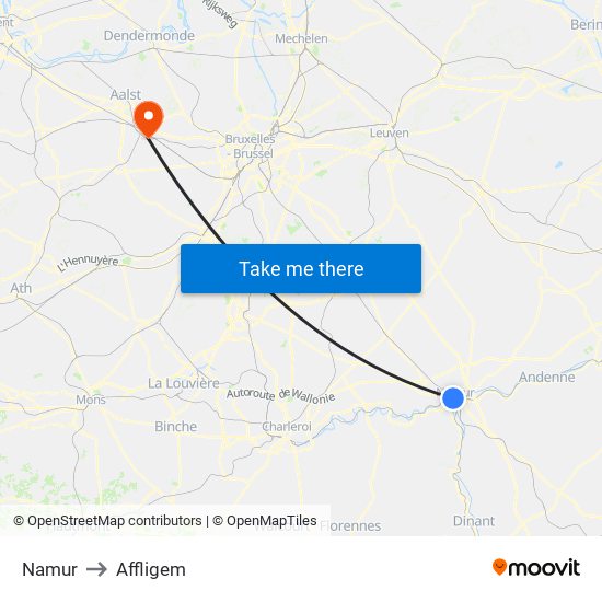 Namur to Affligem map