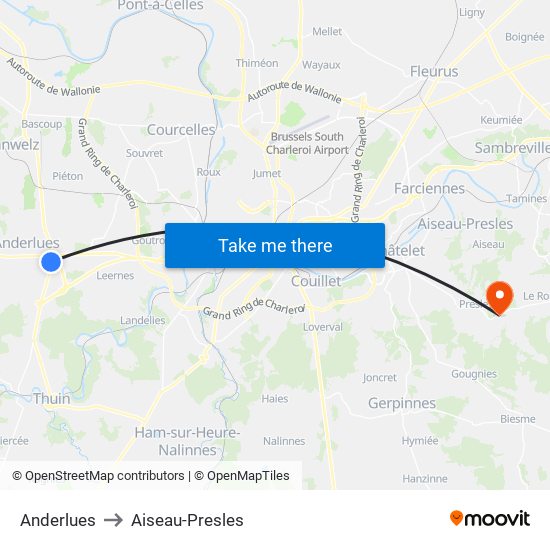 Anderlues to Aiseau-Presles map