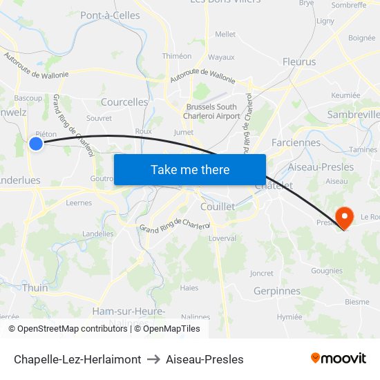 Chapelle-Lez-Herlaimont to Aiseau-Presles map