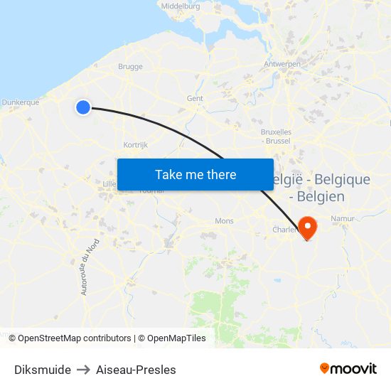 Diksmuide to Aiseau-Presles map