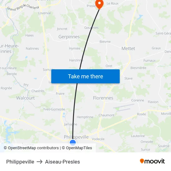 Philippeville to Aiseau-Presles map
