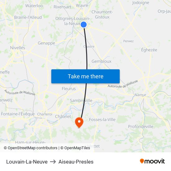 Louvain-La-Neuve to Aiseau-Presles map