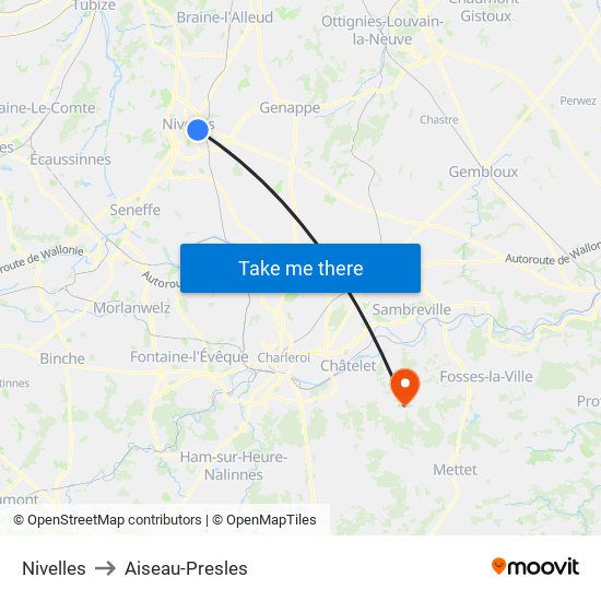 Nivelles to Aiseau-Presles map